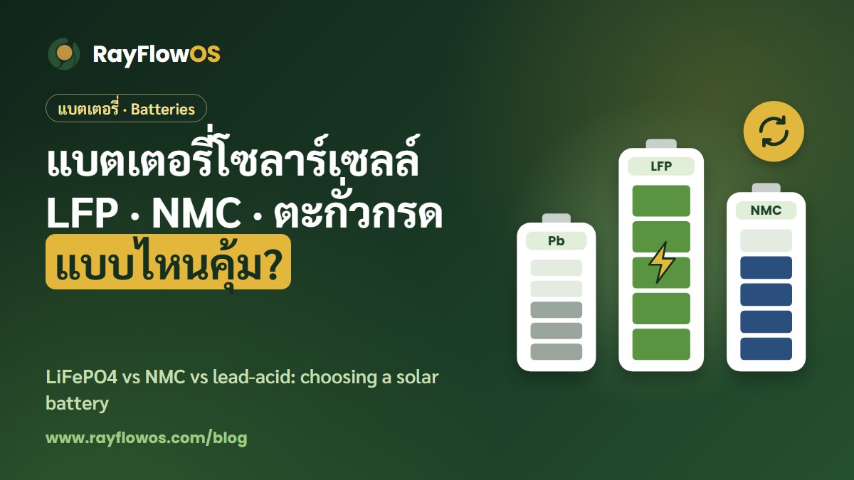 Cover in Thai and English: LFP, NMC or lead-acid, which solar battery is worth it, with three illustrated battery packs at different charge levels