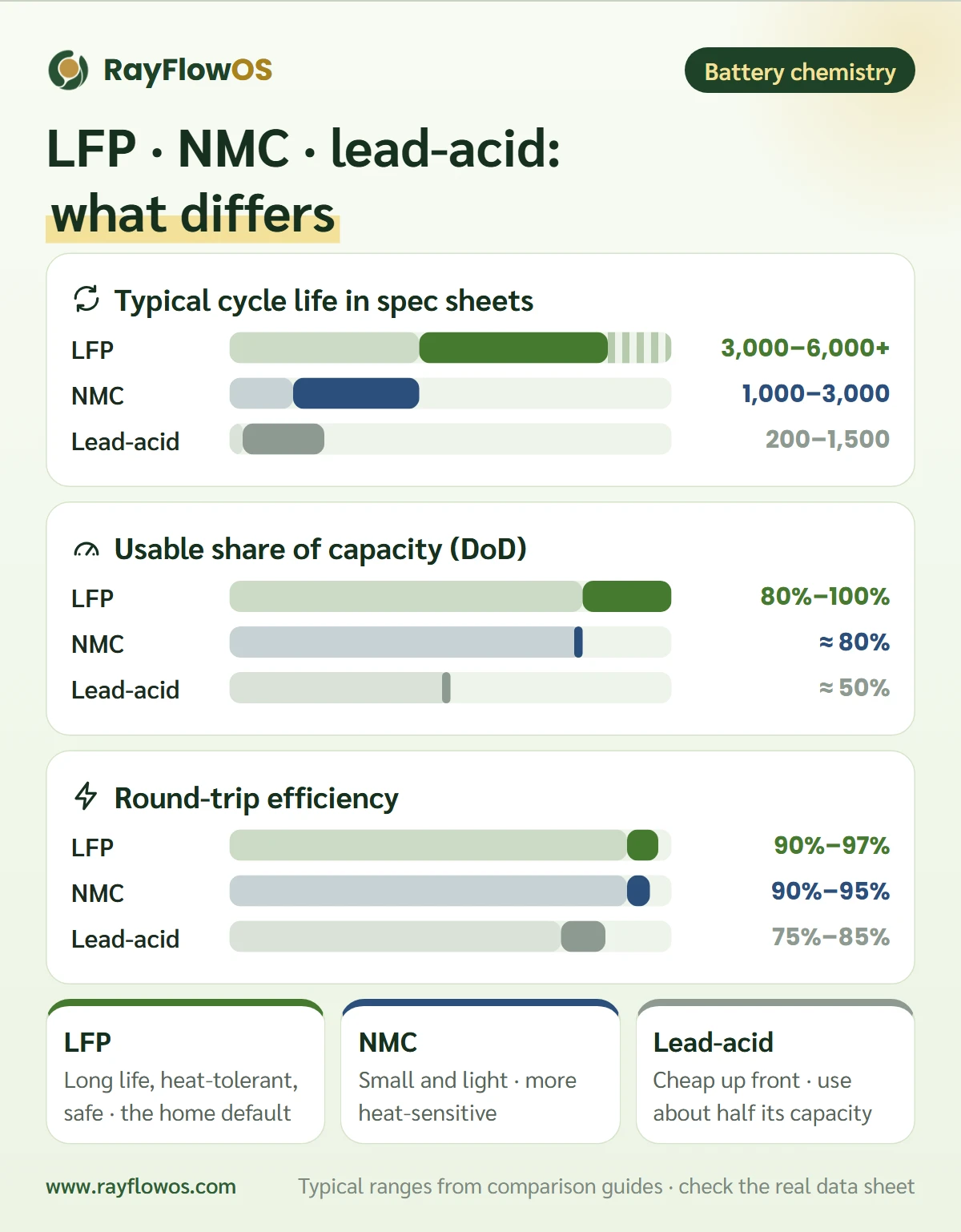 LFP, NMC and lead-acid batteries compared by cycle life, usable depth of discharge, round-trip efficiency, safety and heat tolerance, and upfront price